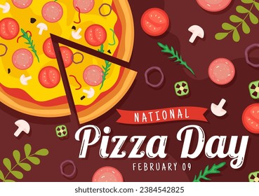 National Pizza Day Vector Illustration on February 9 with Various Toppings on Each Slice for Poster or Banner in Flat Cartoon Background Design