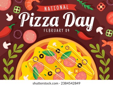 National Pizza Day Vector Illustration on February 9 with Various Toppings on Each Slice for Poster or Banner in Flat Cartoon Background Design