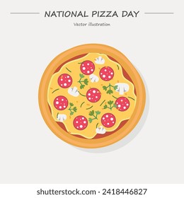 National Pizza Day vector. Whole sausage pizza top view icon. Pizza Day clip art, February 9.