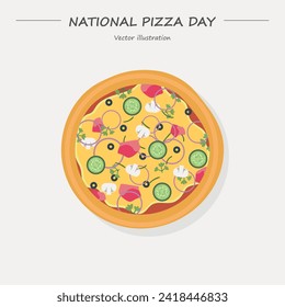 National Pizza Day vector. Whole meat pizza top view icon. Pizza Day clip art, February 9.