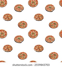 National Pizza Week watercolor seamless pattern. Vector illustration.