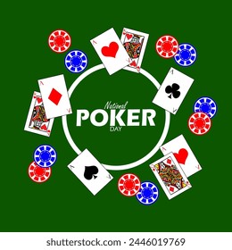 National Poker Day event banner. Cards with poker chips on a green poke table to celebrate on April 19th