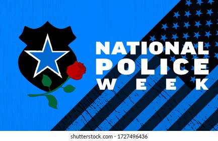 National Police Week background - police badge, star, rose on American flag background.  Poster, card, banner and background