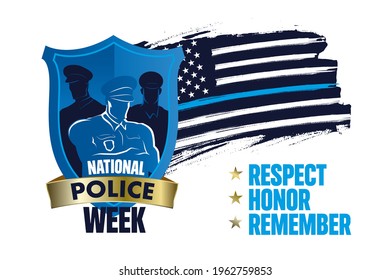 National Police Week banner vector template. Celebrated annual in United States in May.  Police badge with silhuettes of police Officers and flag. Illustration for poster, card, banner. 