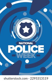 National Police Week. Celebrated annual in May. In honor of the United States police hero. Police badge and star. Officers Memorial Day. American patriotic design. Vector poster, creative illustration