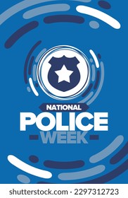 National Police Week. Celebrated annual in May. In honor of the United States police hero. Police badge and star. Officers Memorial Day. American patriotic design. Vector poster, creative illustration