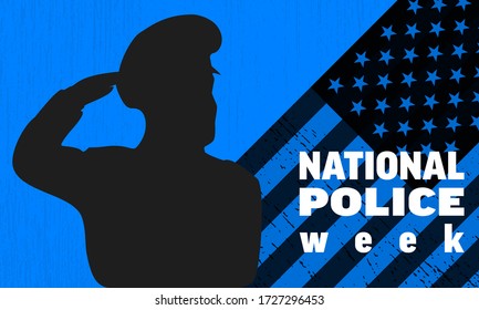 National Police Week - cop on American flag background. Poster, card, banner and background