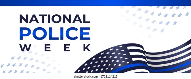 National police week. Horizontal banner. Vector illustration with the flag of the US police, abstract elements and the inscription: National police week. Concept with copy space, blue, black, white