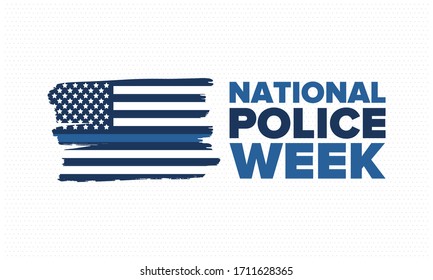 National Police Week in May. Celebrated annual in United States. In honor of the police hero. Police badge and patriotic elements. Officers Memorial Day. Poster, card, banner. Vector illustration