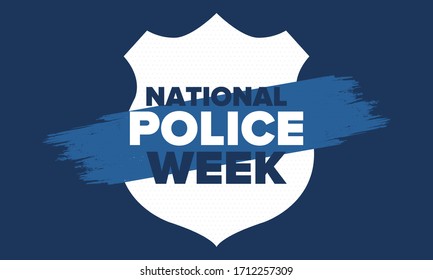 National Police Week in May. Celebrated annual in United States. In honor of the police hero. Police badge and patriotic elements. Officers Memorial Day. Poster, card, banner. Vector illustration