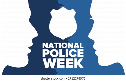 National Police Week in May. Celebrated annual in United States. In honor of the police hero. Police badge and patriotic elements. Officers Memorial Day. Poster, card, banner. Vector illustration