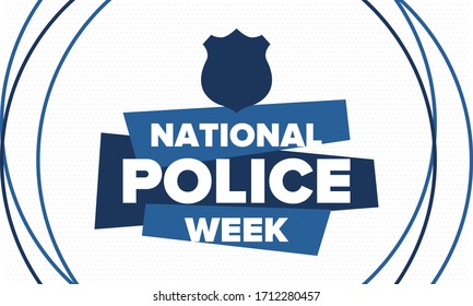 National Police Week in May. Celebrated annual in United States. In honor of the police hero. Police badge and patriotic elements. Officers Memorial Day. Poster, card, banner. Vector illustration