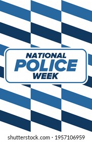 National Police Week in May. Celebrated annual in United States. In honor of the police hero. Police badge and patriotic elements. Officers Memorial Day. Poster, card, banner. Vector illustration