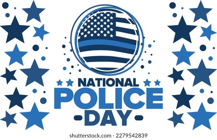 National Police Week in May. Celebrated annual in United States. In honor of the police hero. Police badge and patriotic elements. Officers Memorial Day. Poster, card, banner. Vector illustration