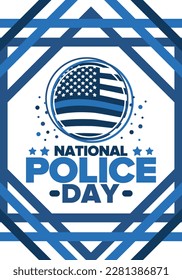 National Police Week in May. Celebrated annual in United States. In honor of the police hero. Police badge and patriotic elements. Officers Memorial Day. Poster, card, banner. Vector illustration