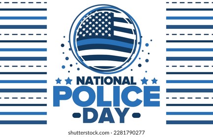 National Police Week in May. Celebrated annual in United States. In honor of the police hero. Police badge and patriotic elements. Officers Memorial Day. Poster, card, banner. Vector illustration