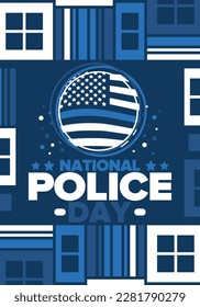 National Police Week in May. Celebrated annual in United States. In honor of the police hero. Police badge and patriotic elements. Officers Memorial Day. Poster, card, banner. Vector illustration