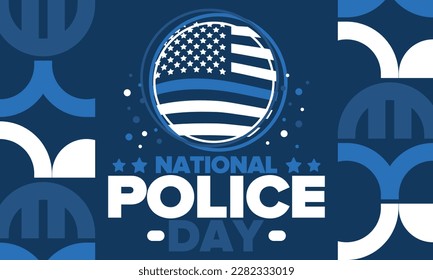 National Police Week in May. Celebrated annual in United States. In honor of the police hero. Police badge and patriotic elements. Officers Memorial Day. Poster, card, banner. Vector illustration