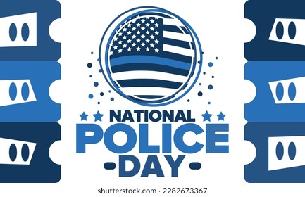 National Police Week in May. Celebrated annual in United States. In honor of the police hero. Police badge and patriotic elements. Officers Memorial Day. Poster, card, banner. Vector illustration