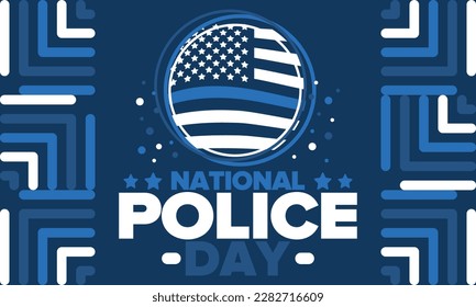 National Police Week in May. Celebrated annual in United States. In honor of the police hero. Police badge and patriotic elements. Officers Memorial Day. Poster, card, banner. Vector illustration