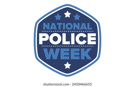 National Police Week in May. Celebrated annual in United States. In honor of the police hero. Police badge and patriotic elements. Officers Memorial Day. Poster, card, banner. Vector illustration