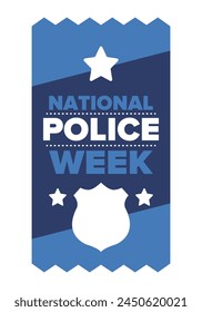 National Police Week in May. Celebrated annual in United States. In honor of the police hero. Police badge and patriotic elements. Officers Memorial Day. Poster, card, banner. Vector illustration