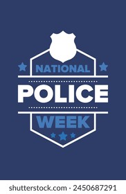 In: National Police Week in May. Gefeiert jährlich in den Vereinigten Staaten. Zu Ehren des Helden der Polizei. Polizeiabzeichen und patriotische Elemente. In: Officers Memorial Day. Poster, Karte, Banner. Vektorillustration