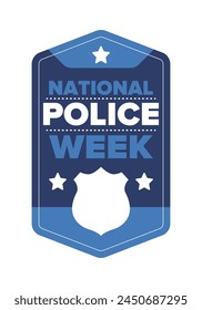 National Police Week in May. Celebrated annual in United States. In honor of the police hero. Police badge and patriotic elements. Officers Memorial Day. Poster, card, banner. Vector illustration