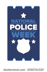 National Police Week in May. Celebrated annual in United States. In honor of the police hero. Police badge and patriotic elements. Officers Memorial Day. Poster, card, banner. Vector illustration