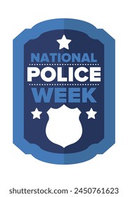 National Police Week in May. Celebrated annual in United States. In honor of the police hero. Police badge and patriotic elements. Officers Memorial Day. Poster, card, banner. Vector illustration