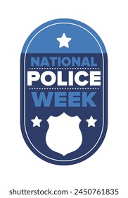 National Police Week in May. Celebrated annual in United States. In honor of the police hero. Police badge and patriotic elements. Officers Memorial Day. Poster, card, banner. Vector illustration