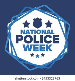 National Police Week in May. Celebrated annual in United States. In honor of the police hero. Police badge and patriotic elements. Officers Memorial Day. Poster, card, banner. Vector illustration