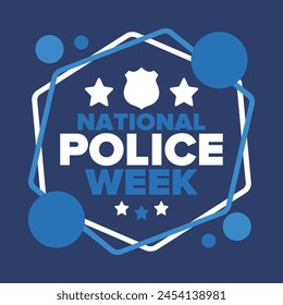National Police Week in May. Celebrated annual in United States. In honor of the police hero. Police badge and patriotic elements. Officers Memorial Day. Poster, card, banner. Vector illustration
