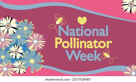 National Pollinator Week vector banner design with flower pattern on a pink background, bee icons, heart shape and typography tittle. Pollinator Week modern minimal simple poster illustration.