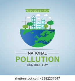 El día nacional de control de la contaminación se celebra cada año el 2 de diciembre. Problemas de bosque o vehículo en el diseño de plantillas. Cartel, afiche, tarjeta, diseño de fondo.