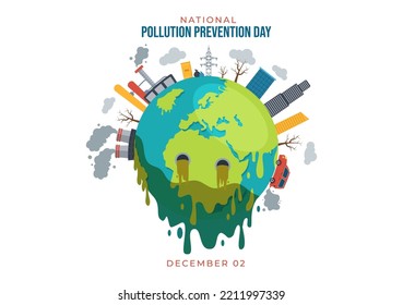 Día Nacional de Prevención de la Contaminación para Campaña de Concienciación sobre Problemas de Fábrica, Bosques o Vehículos en Planilla Ilustración Plano de Dibujo