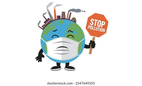 Dia Nacional de Prevenção da Poluição, máscara de desgaste da terra mostrando o sinal STOP POLLUTION, Projeto do cartaz do dia mundial de prevenção da poluição