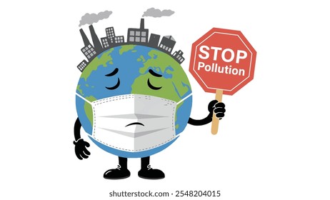 Dia Nacional de Prevenção da Poluição, máscara de desgaste da terra mostrando o sinal STOP POLLUTION, Projeto do cartaz do dia mundial de prevenção da poluição