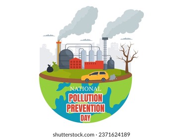 Ilustración vectorial del Día Nacional de la Prevención de la Contaminación, el 2 de diciembre, por problemas de fábrica, bosques o vehículos en el fondo de las caricaturas