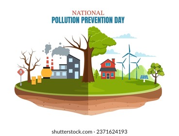 Ilustración vectorial del Día Nacional de la Prevención de la Contaminación, el 2 de diciembre, por problemas de fábrica, bosques o vehículos en el fondo de las caricaturas