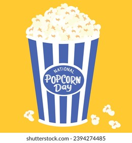 National Popcorn Day banner. Handwriting inscription, National Popcorn Day. Popcorn in bucket blue color. Hand drawn vector art.