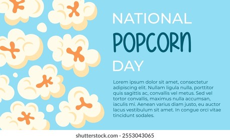 National Popcorn Day banner, horizontal shape. January 19. Popcorn on blue background and basic text. Food or holidays theme. Vector illustration.