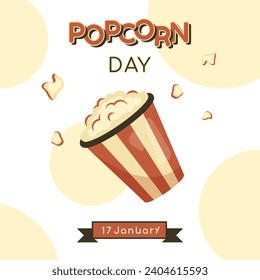 National Popcorn day. Festive banner in retro style. Vintage old background with text, greeting ribbon, traditional American food. Full popcorn bucket. Tasty kids dish. Vector illustration