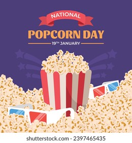 National Popcorn Day. Happy Popcorn Day background. Popcorn Day celebration. January 19. Cartoon Vector illustration design Template for Poster, Banner, Flyer, Greeting, Card, Cover, Post.