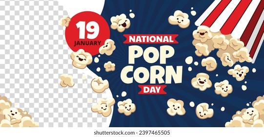 National Popcorn Day. Happy Popcorn Day background. Popcorn Day celebration. January 19. Cartoon Vector illustration design Template for Poster, Banner, Flyer, Greeting, Card, Cover, Post.