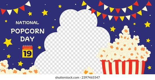 National Popcorn Day. Happy Popcorn Day background. Popcorn Day celebration. January 19. Cartoon Vector illustration design Template for Poster, Banner, Flyer, Greeting, Card, Cover, Post.