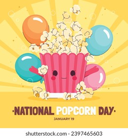 National Popcorn Day. Happy Popcorn Day background. Popcorn Day celebration. January 19. Cartoon Vector illustration design Template for Poster, Banner, Flyer, Greeting, Card, Cover, Post.