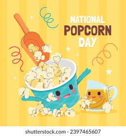 National Popcorn Day. Happy Popcorn Day background. Popcorn Day celebration. January 19. Cartoon Vector illustration design Template for Poster, Banner, Flyer, Greeting, Card, Cover, Post.