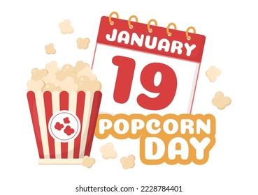 National Popcorn Day on January 19th with a Big Box of Red and White Stripe in Flat Cartoon Background Hand Drawn Templates Illustration