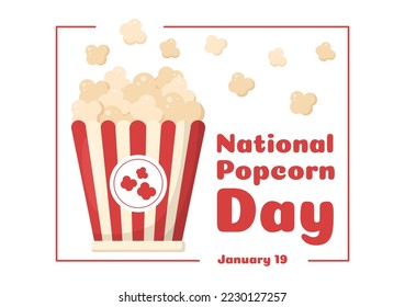 National Popcorn Day on January 19th with a Big Box of Red and White Stripe in Flat Cartoon Background Hand Drawn Templates Illustration